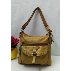 Fossil Yellow Tan Leather Zipper Pocket Crossbody Shoulder Bag